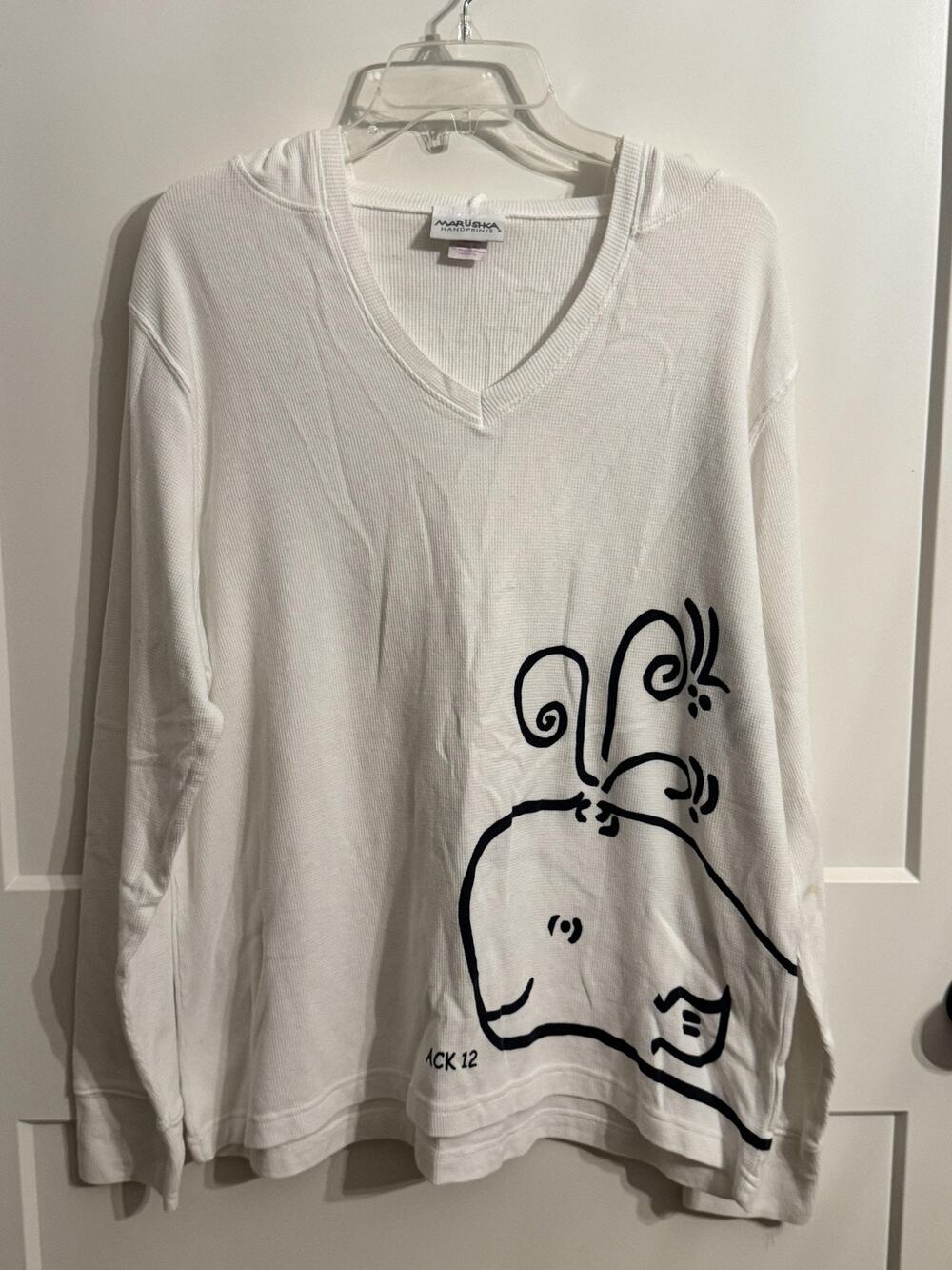Marushka T Shirt Womens XL White Hooded Thermal Whale Print Nautical Long Sleeve